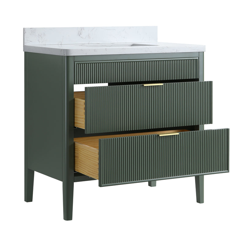 ANDREA 36 in. Pale Grey/Pine Green Free Standing White Undermount Single Sink Bath Vanity with Carrara Artificial Marble Top