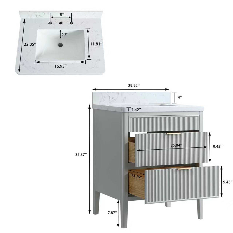 ANDREA 30 in. Pale Grey/Pine Green Free Standing White Undermount Single Sink Bath Vanity with Carrara Artificial Marble Top