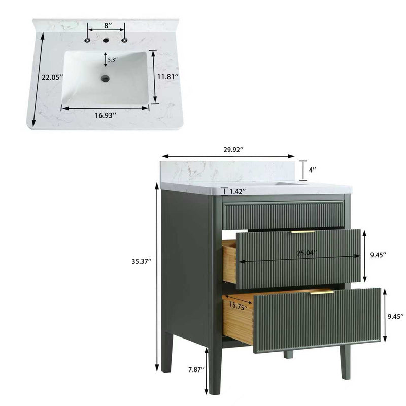 ANDREA 30 in. Pale Grey/Pine Green Free Standing White Undermount Single Sink Bath Vanity with Carrara Artificial Marble Top