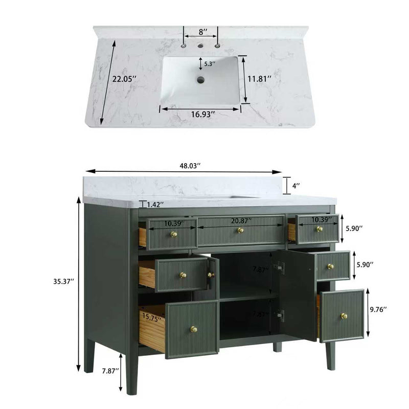 ANDREA 48 in. Pale Grey/Pine Green Free Standing White Undermount Single Sink Bath Vanity with Carrara Artificial Marble Top