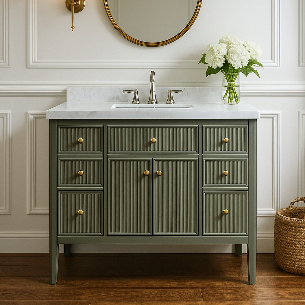 ANDREA 48 in. Pale Grey/Pine Green Free Standing White Undermount Single Sink Bath Vanity with Carrara Artificial Marble Top