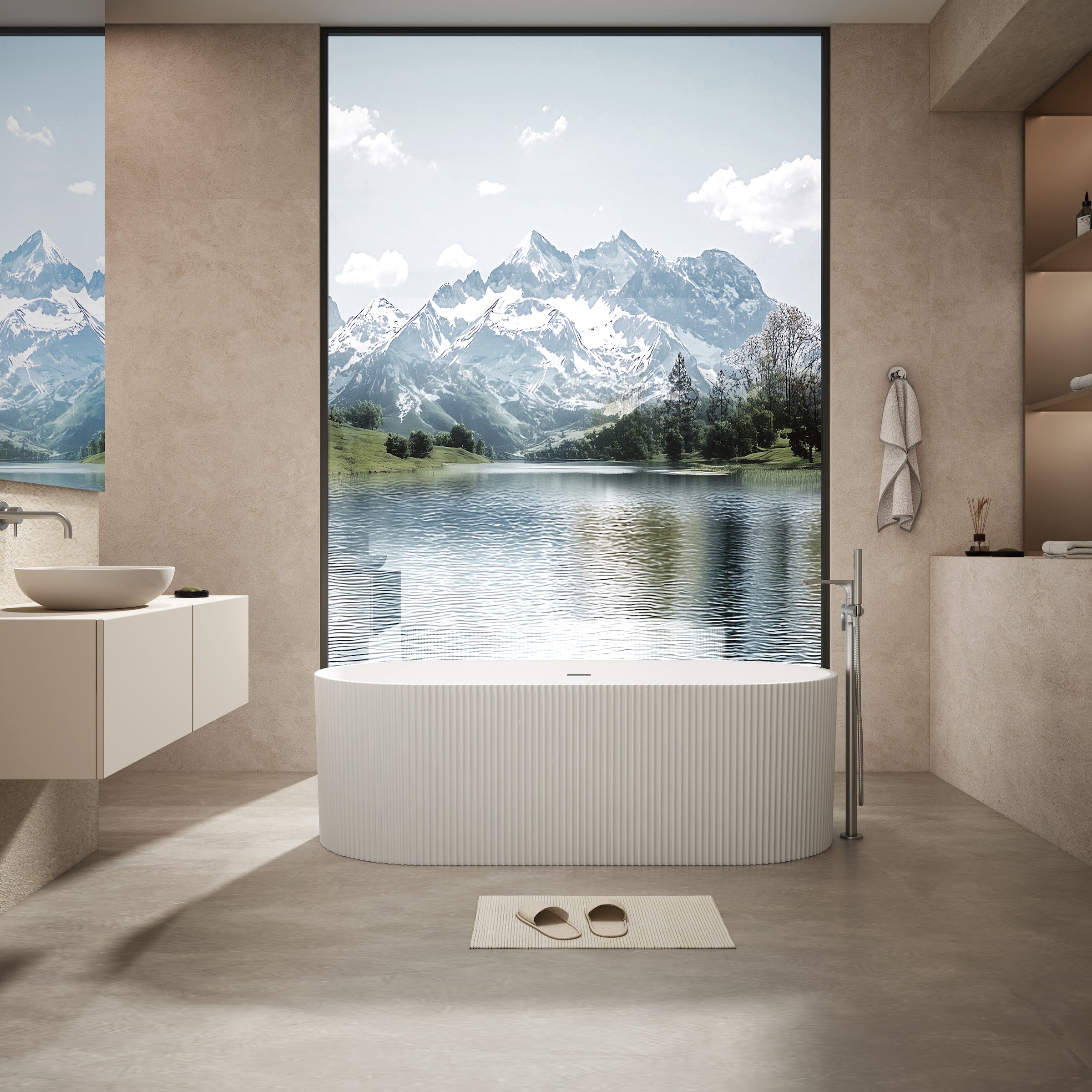 Alpha 67.7 in. 32.2 in. Fluted Pattern Acrylic Flatbottom Freestanding Soaking Bathtub with Center Drain in Chromed