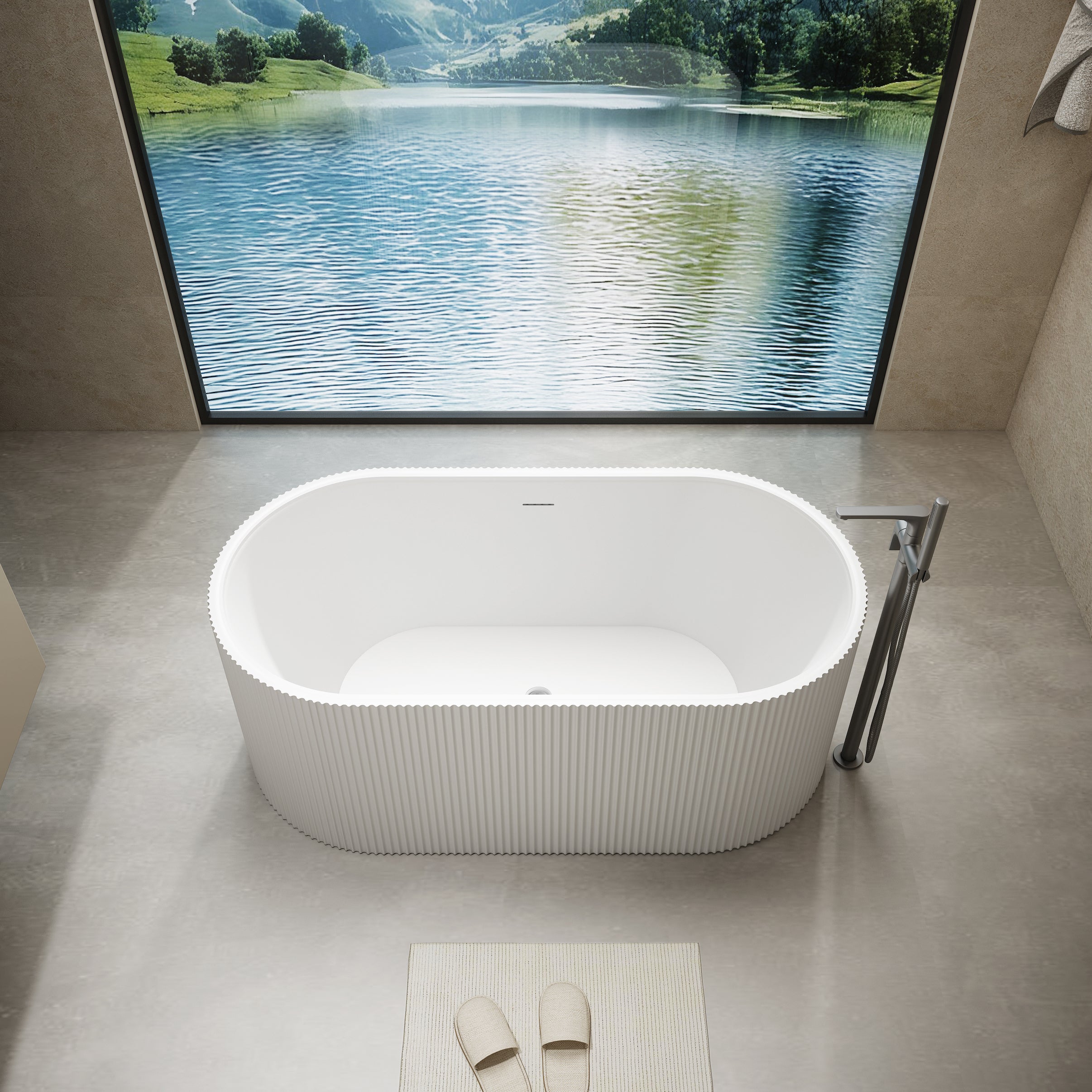 Alpha 67.7 in. 32.2 in. Fluted Pattern Acrylic Flatbottom Freestanding Soaking Bathtub with Center Drain in Chromed