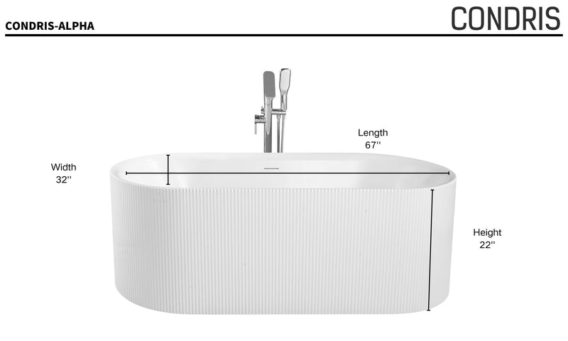Alpha 67.7 in. 32.2 in. Fluted Pattern Acrylic Flatbottom Freestanding Soaking Bathtub with Center Drain in Chromed
