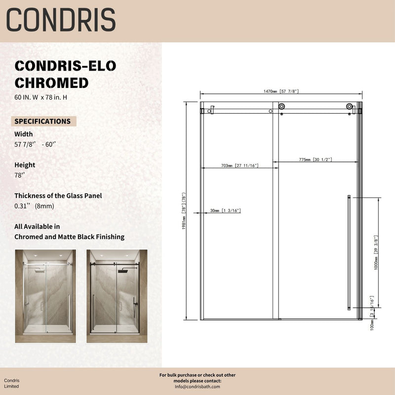 Elo 60 in. W x 78 in. H Frameless Sliding Shower Door in Stainless Steel in 5/16 in. (8 mm) Clear Glass