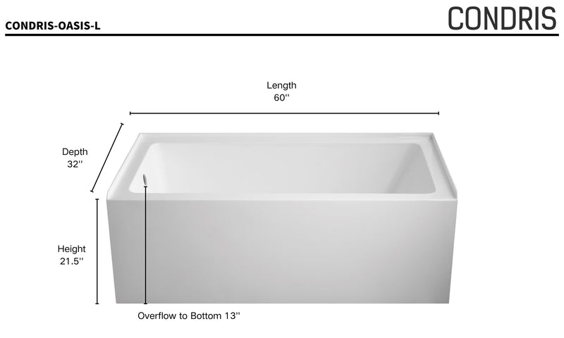 Oasis 60 in. x 32 in. Rectangular Apron Front Soaking Bathtub with Left/Right Drain in White, Anti-Slippery Flatbottom