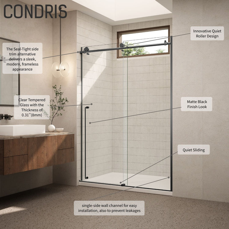 CONDRIS PRIME 60 in. W x 78 in. H Sliding Frameless Shower Door in Chrome or Matte Black with 5/16 in. Thick Tempered Glass