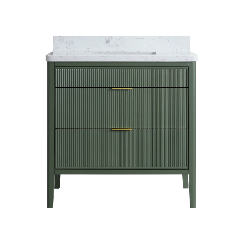 ANDREA 36 in. Pale Grey/Pine Green Free Standing White Undermount Single Sink Bath Vanity with Carrara Artificial Marble Top
