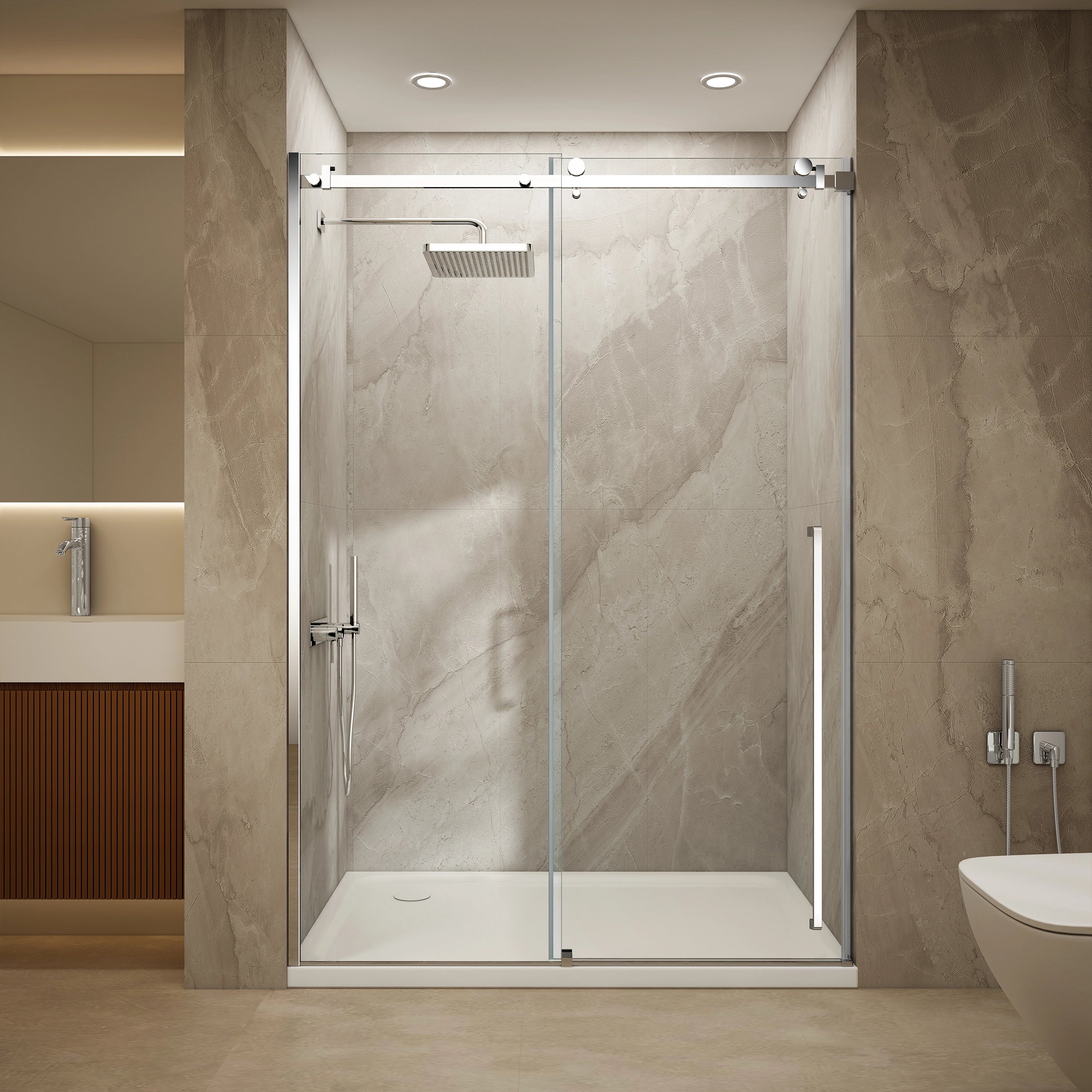 Elo 60 in. W x 78 in. H Frameless Sliding Shower Door in Stainless Steel in 5/16 in. (8 mm) Clear Glass